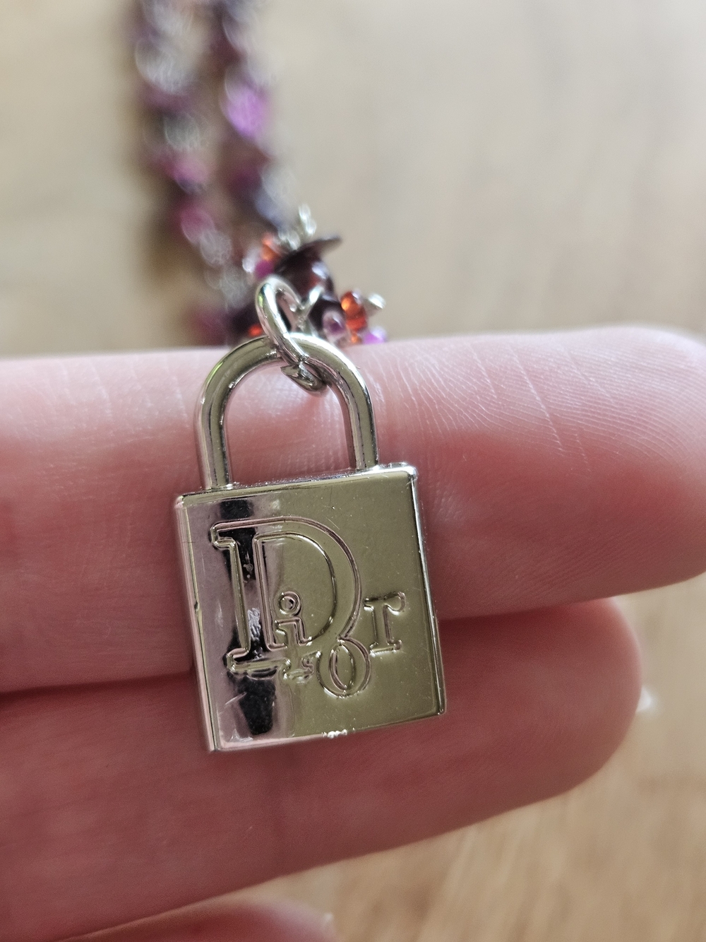Pink Beaded Necklace with Silver Dior Repurposed Lock
